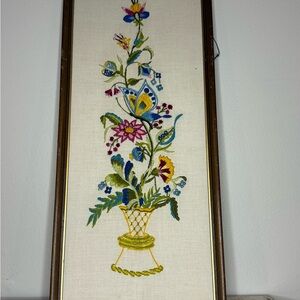 Vtg Framed Crewel Embroidery Flowers Floral Bouquet Needlework Art on Linen